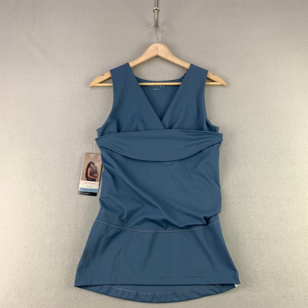 LALABU Soothe Shirt Tank Womens Medium Blue Mom Infant Kangaroo Pouch Top NWT